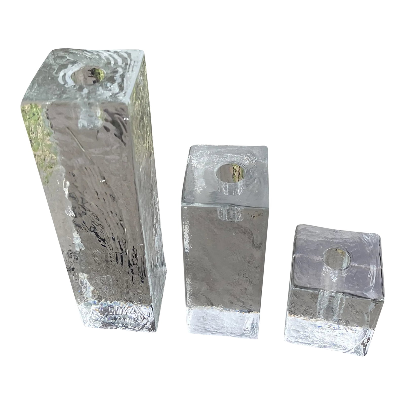 1970s Vintage Crystal Block Candle Holders, Wiesenthalhutte Germany- Set of 3: Set of three solid glass block Solilfleur candle holders, manufactured in the 70's by Wiesenthalhutte, Germany. Graduating sizes: 2"x 2" x 2", 4.25" x I&5/8"x 1&5/8", and 6.25"x 2"x2". Condition:
