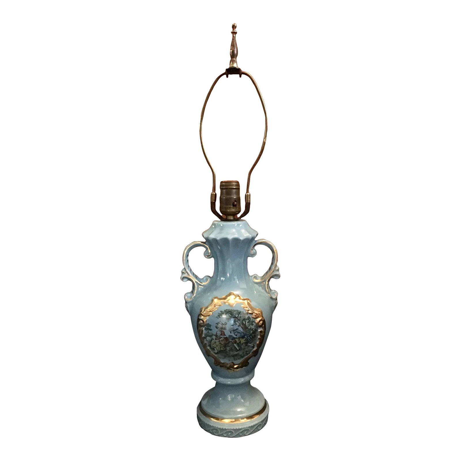 Vintage Mid 20th Century Powder Blue Regency Scenic Table Lamp: An interesting mid 20th century regency inspired table lamp in very good condition. Ships within 1-2 days using USPS. Arrives within 2-5 business days after receiving tracking Condition: Alterations: 