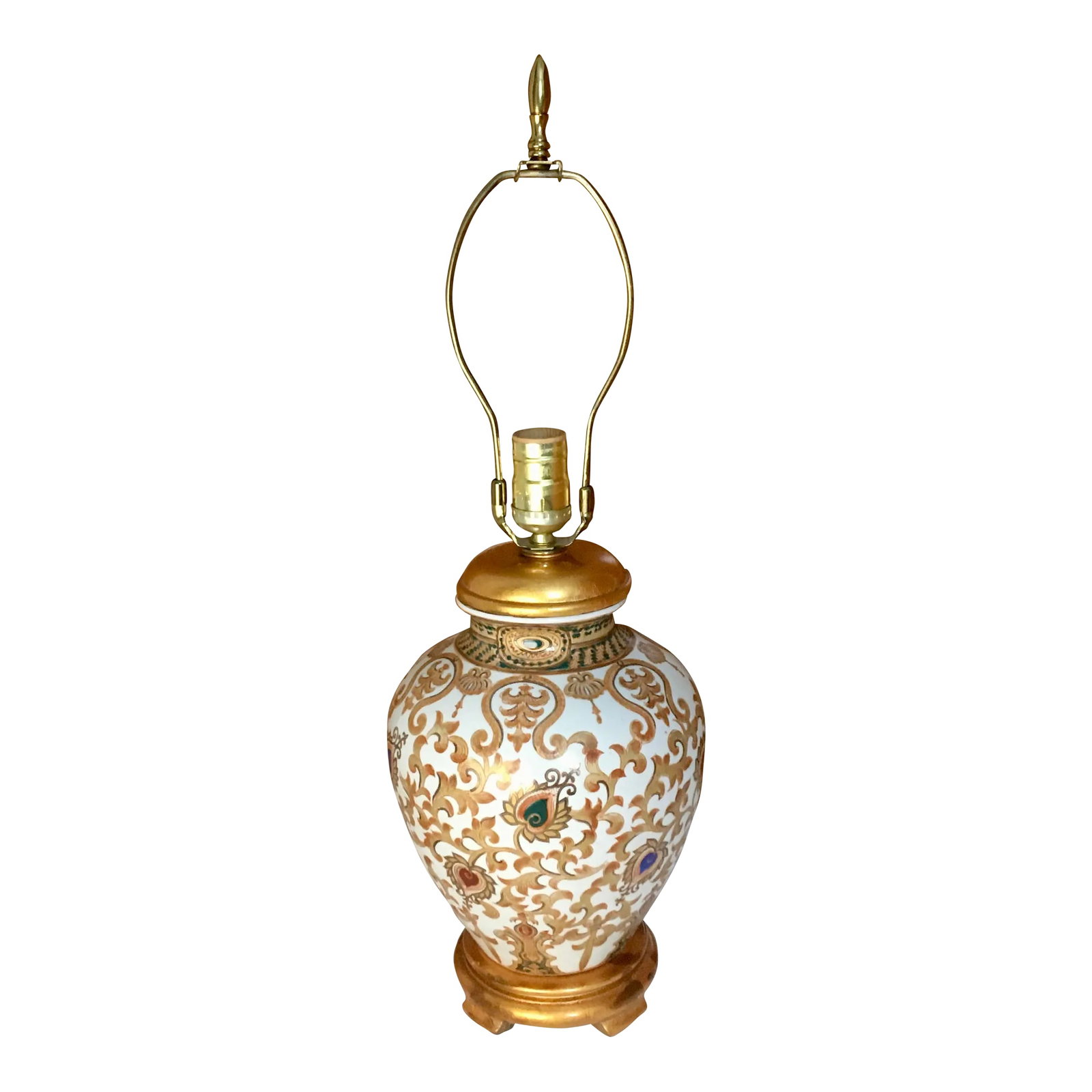 Late 20th Century Gold & Jewel Tone Scrollwork Ginger Jar Table Lamp: A charming mid sized table lamp decorated in a rich gold damask scrollwork pattern featuring jewel toned leaf accents. Ships within 1-2 days using USPS. Arrives within 2-5 business days after receivin