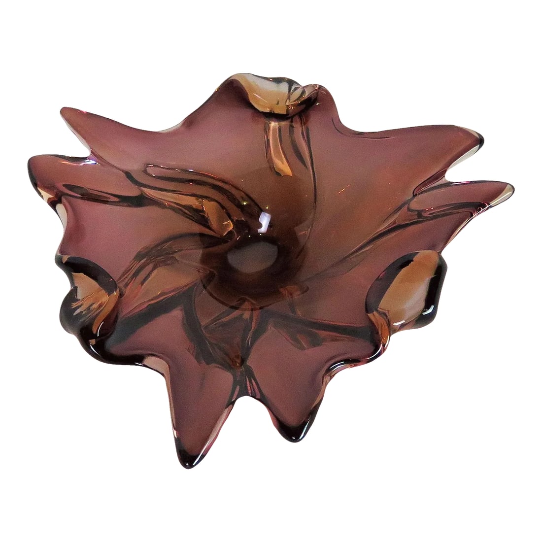 19th Century Shallow Murano Glass Bowl: This multi-faceted light magenta and gold Murano antique shallow bowl is considered to be a bowl for holding a man's pipe or cigar, thus the small round indentation at the center of the bowl. It's