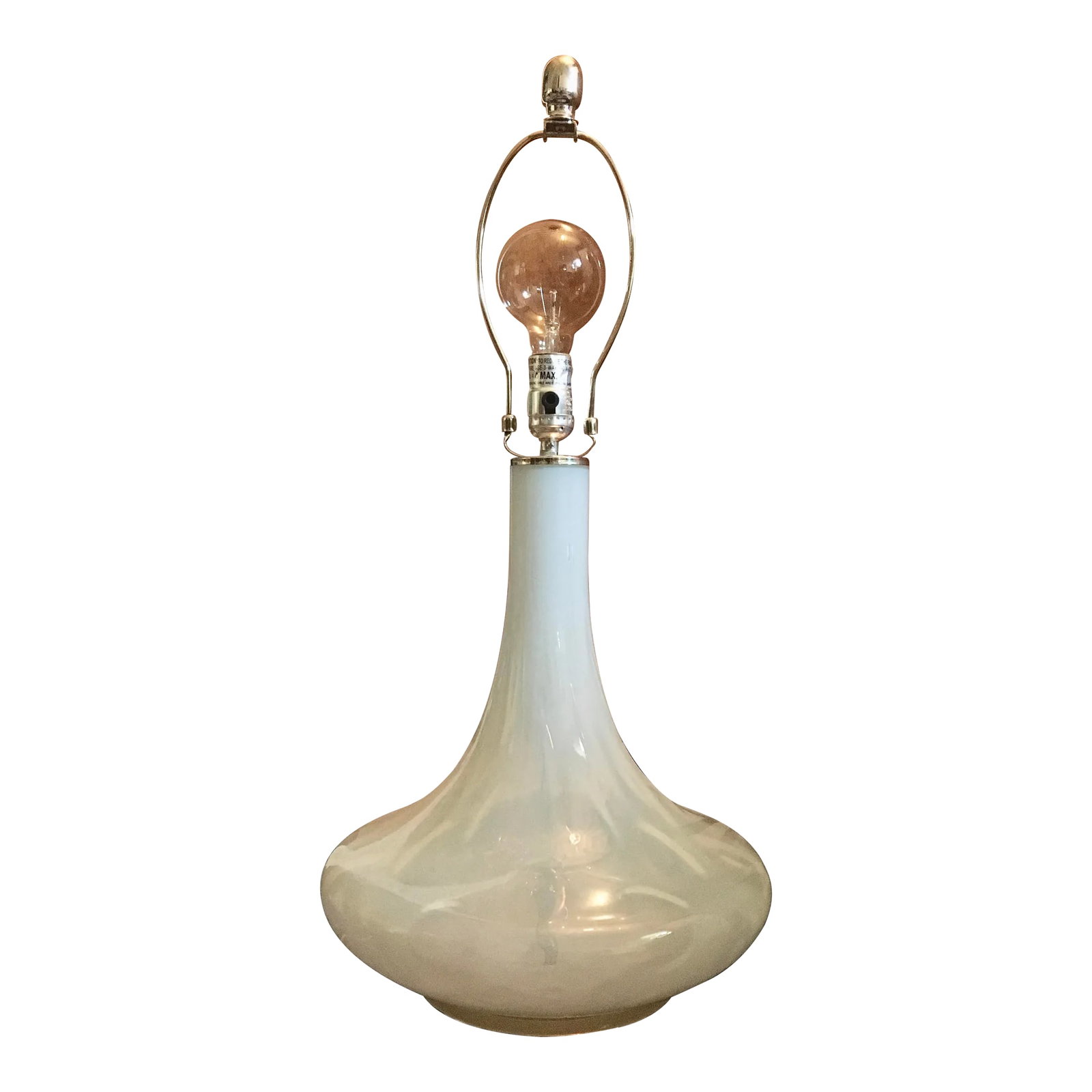 Late 20th Century White & Silver Glass Table Lamp: A fresh take on the glass table lamp melding two classic features by combining a mod mid century shape with a clean white milk glass to create a simple but elegant statement which works in a variety o