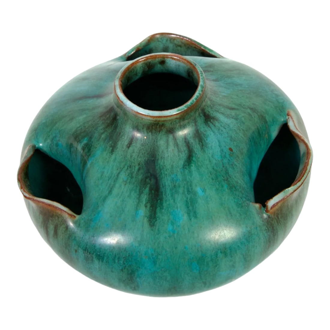 Arts and Crafts Styled Multi Hole Turquoise Bud Vase: Beautiful arts and crafts styled multi hole ceramic bud vase in a fantastic turquoise color. Lovely glaze. Perfect condition. No makers mark. 4.5" x 4.5" x 3" Condition: Alterations: Original