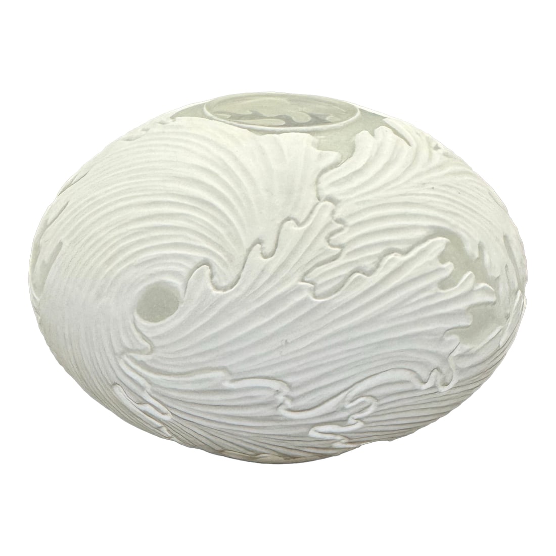 Miri Mara Todi Vase Handmade White Stoneware Carved Texture California Pottery: The Miri Mara Todi Vase is a beautifully handcrafted white stoneware piece with carved texture, featuring an Art Deco theme and Mid-Century Modern style. Made in California, this original vase is