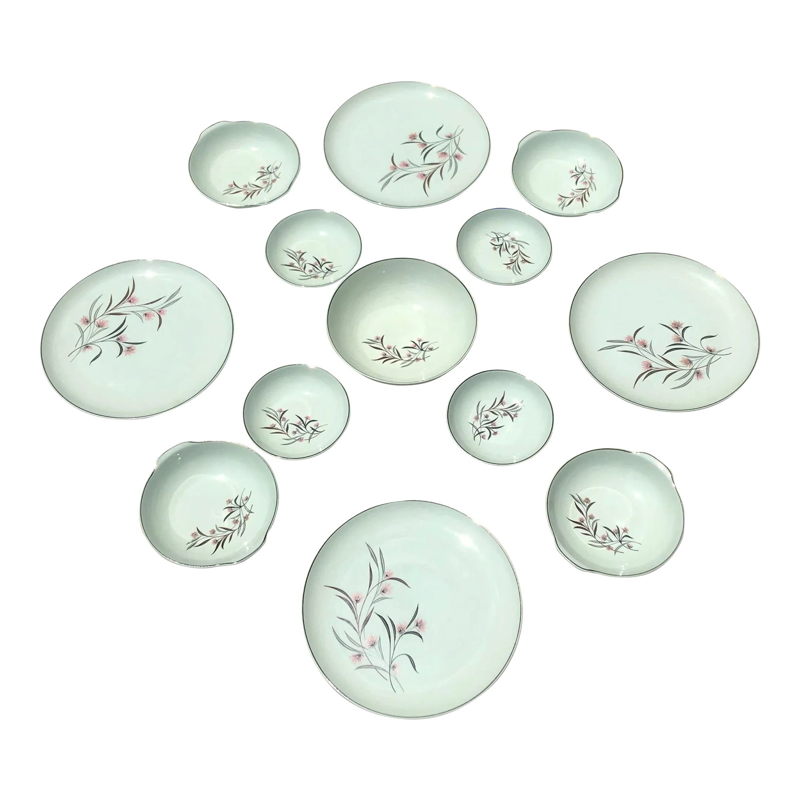 Vintage Ballerina Mist Pale Green Dinner Set- 13 Pieces: Dinner plates measure 10 inches in diameter and 1 inch tall. Soup bowls measure 7 inches in diameter and 2 inches tall. Dessert dishes measure 5 1/2 inches in diameter and 1 1/2 inches tall. Serving b