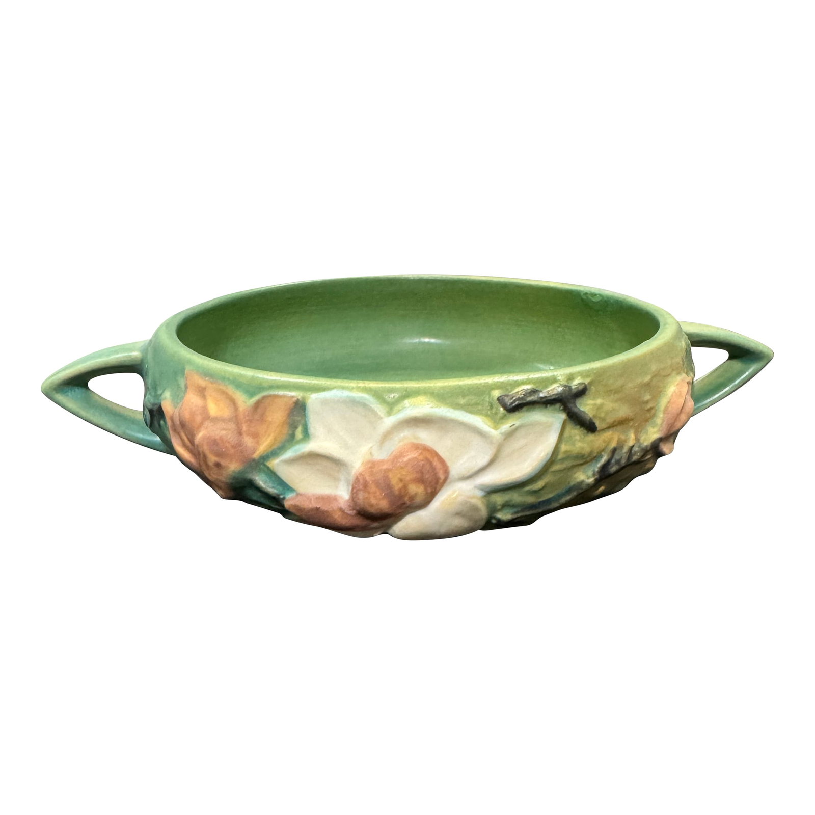 Vintage Roseville Pottery Green Double Handled Magnolia Bowl 447-6 1940's MCM: This Vintage Roseville Pottery Green Double Handled Magnolia Bowl 447-6 from the 1940's is a unique example of American Art Pottery. Handmade with a round shape and a beautiful Magnolia pattern, this 