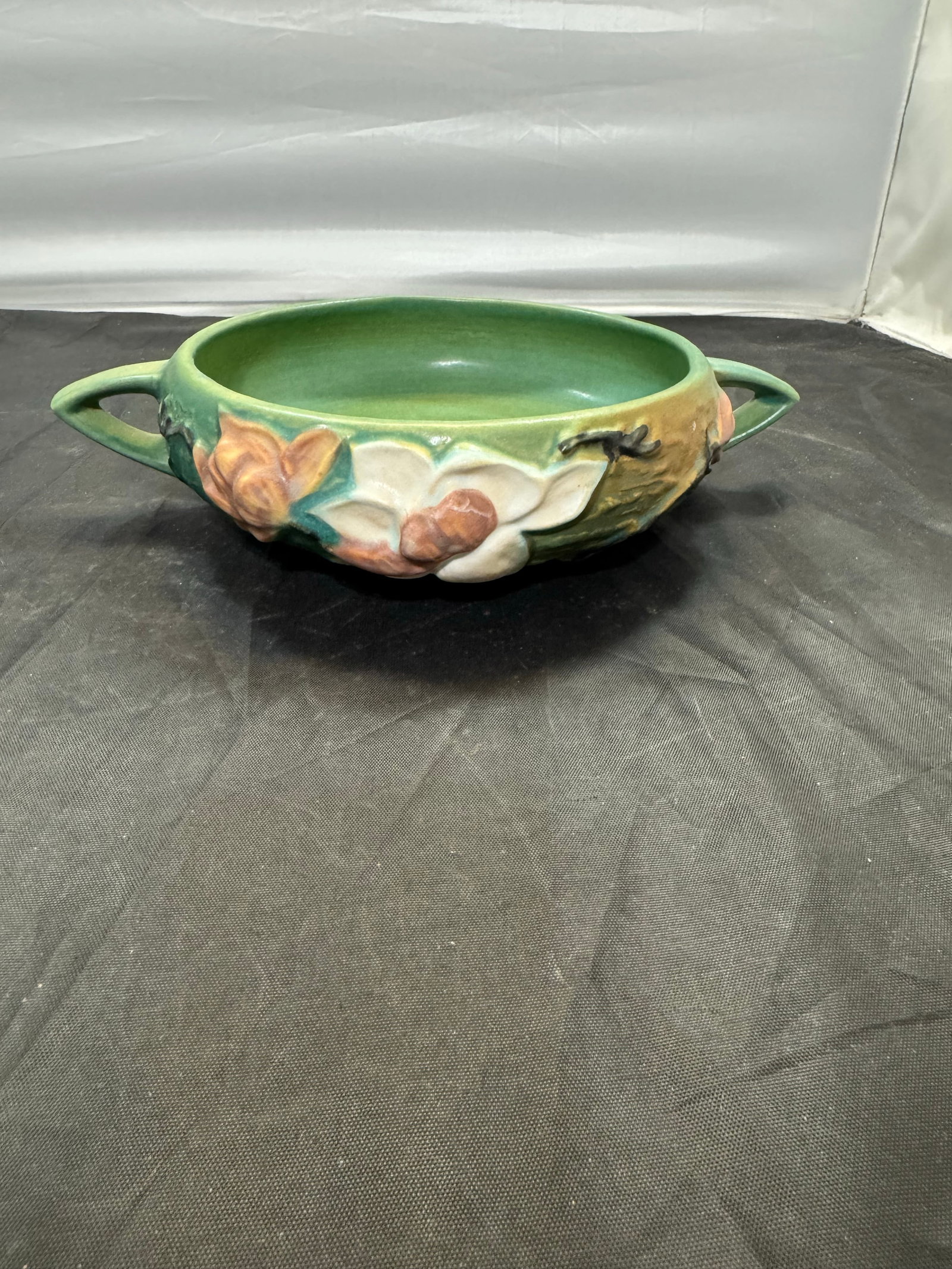 Vintage Roseville Pottery Green Double Handled Magnolia Bowl 447-6 1940's MCM - 8