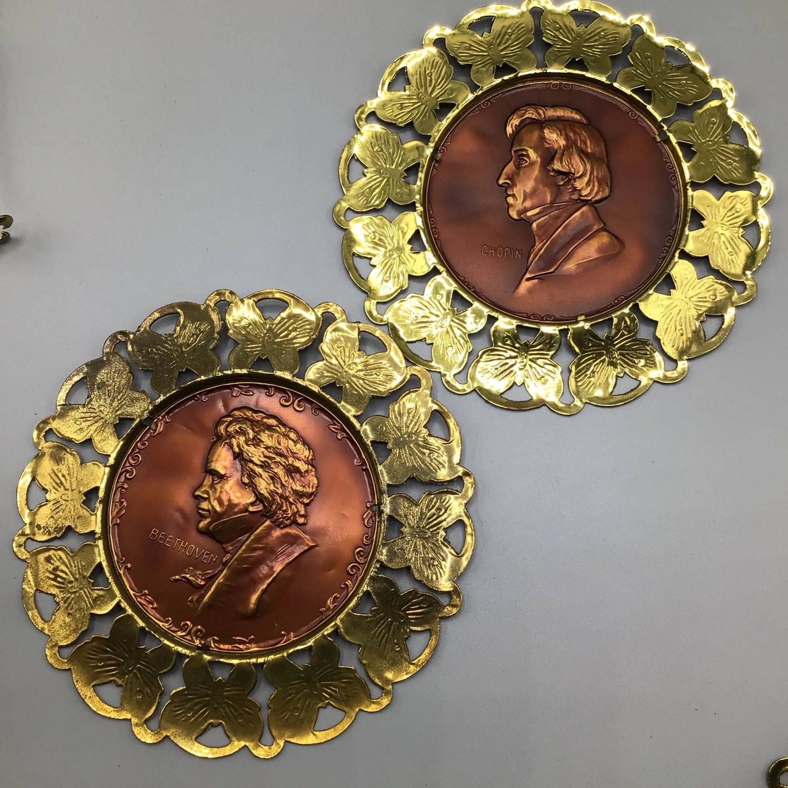 Wall Plates Influential Composers Stamped on Yellow Brass and Butterfly Filigree Made in England-Set - 10