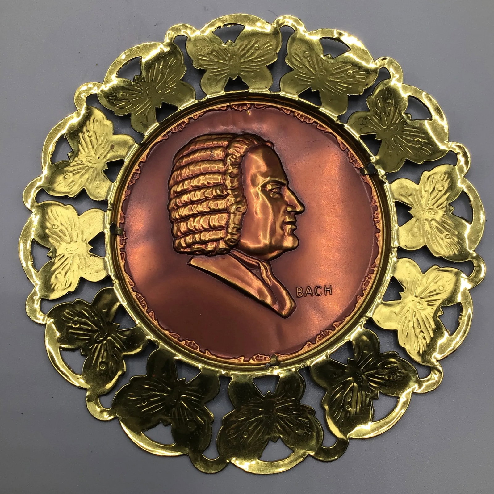 Wall Plates Influential Composers Stamped on Yellow Brass and Butterfly Filigree Made in England-Set - 2