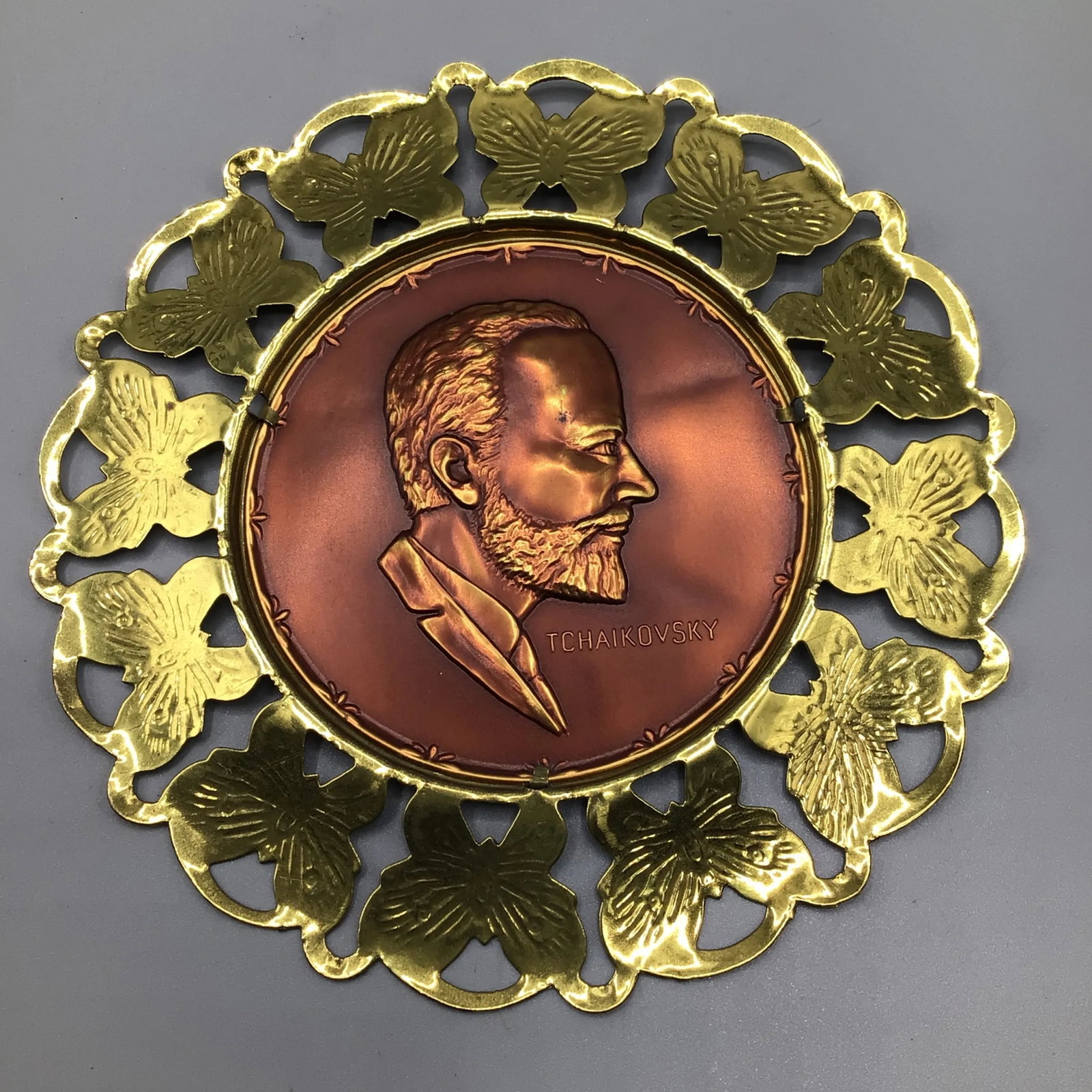 Wall Plates Influential Composers Stamped on Yellow Brass and Butterfly Filigree Made in England-Set - 4