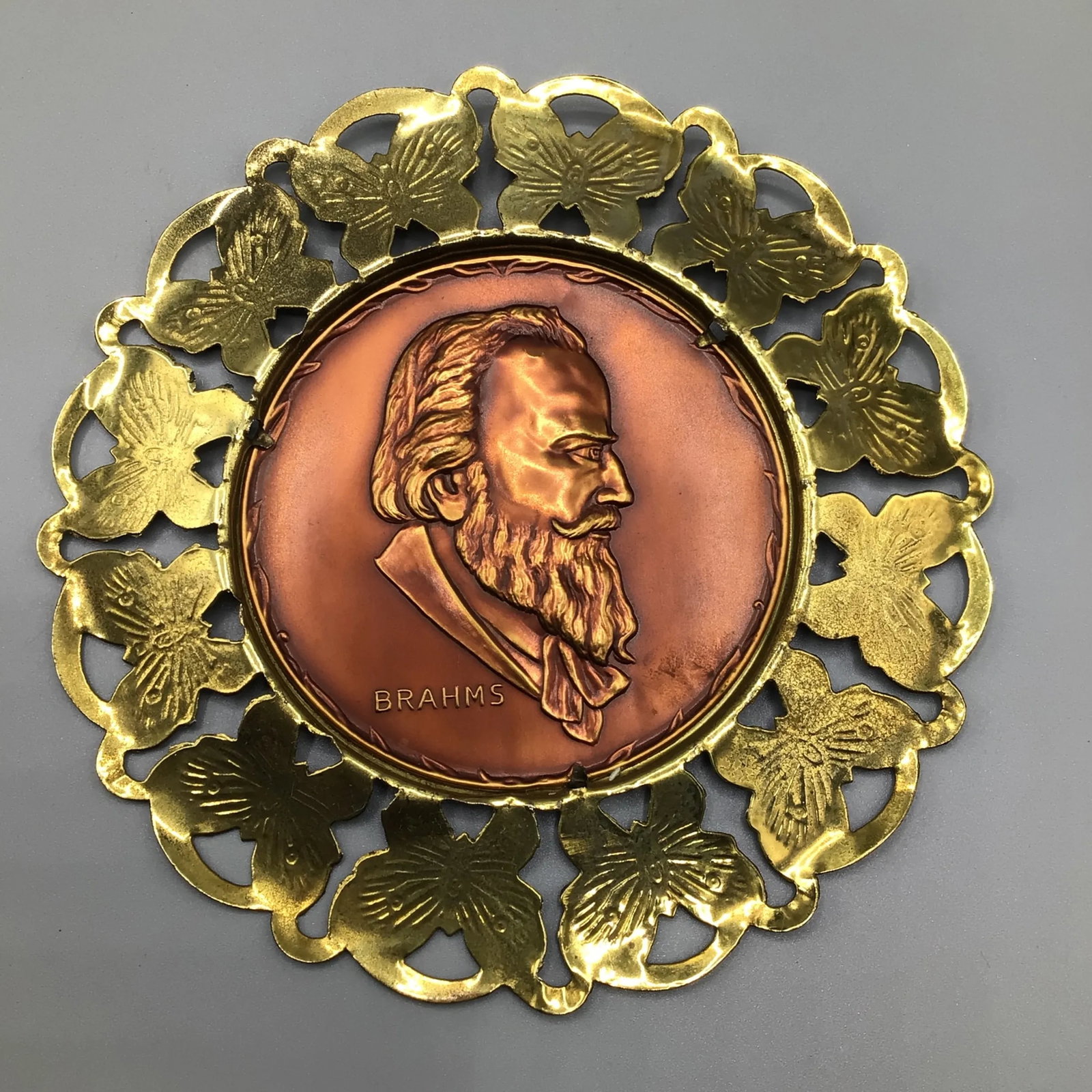 Wall Plates Influential Composers Stamped on Yellow Brass and Butterfly Filigree Made in England-Set - 6