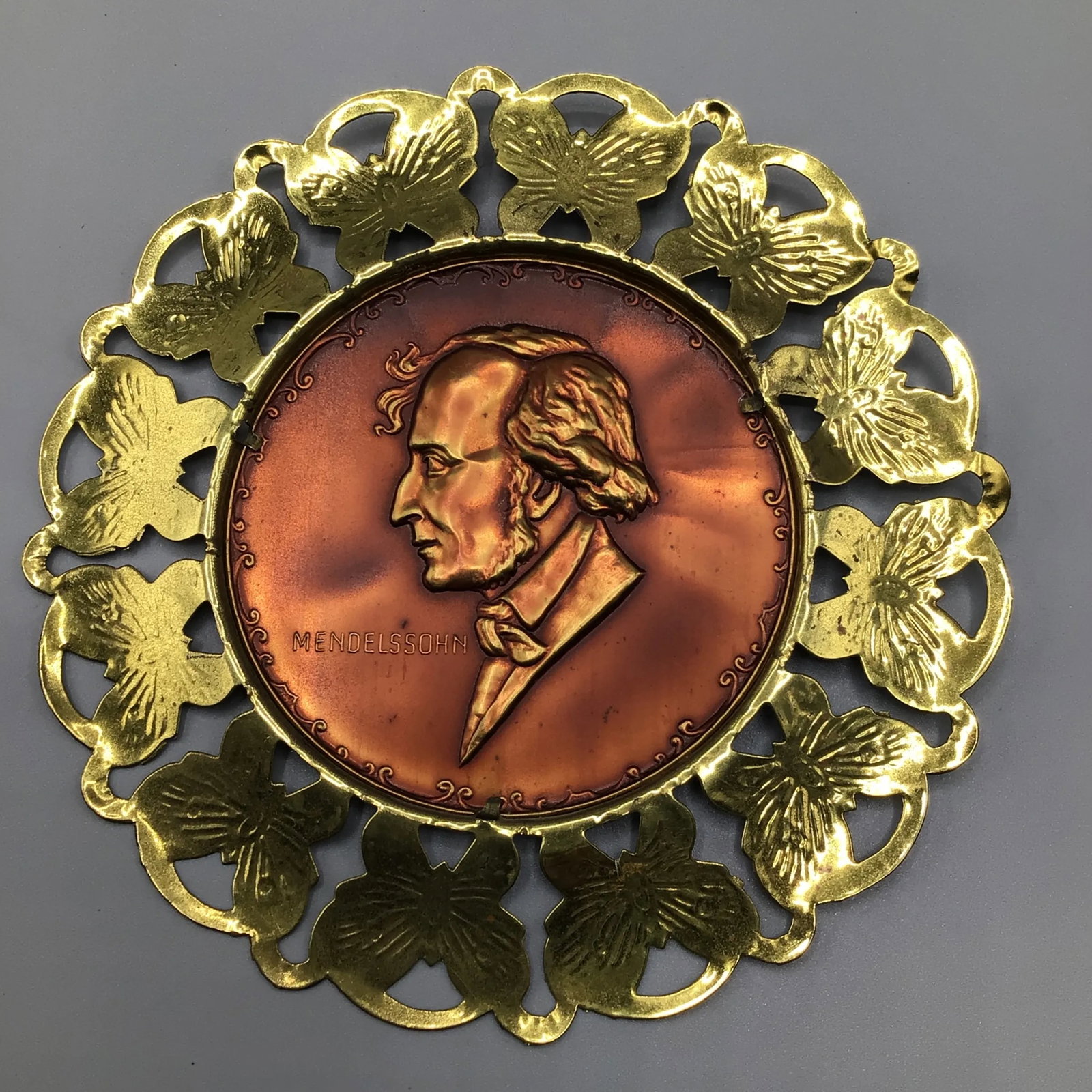 Wall Plates Influential Composers Stamped on Yellow Brass and Butterfly Filigree Made in England-Set - 8