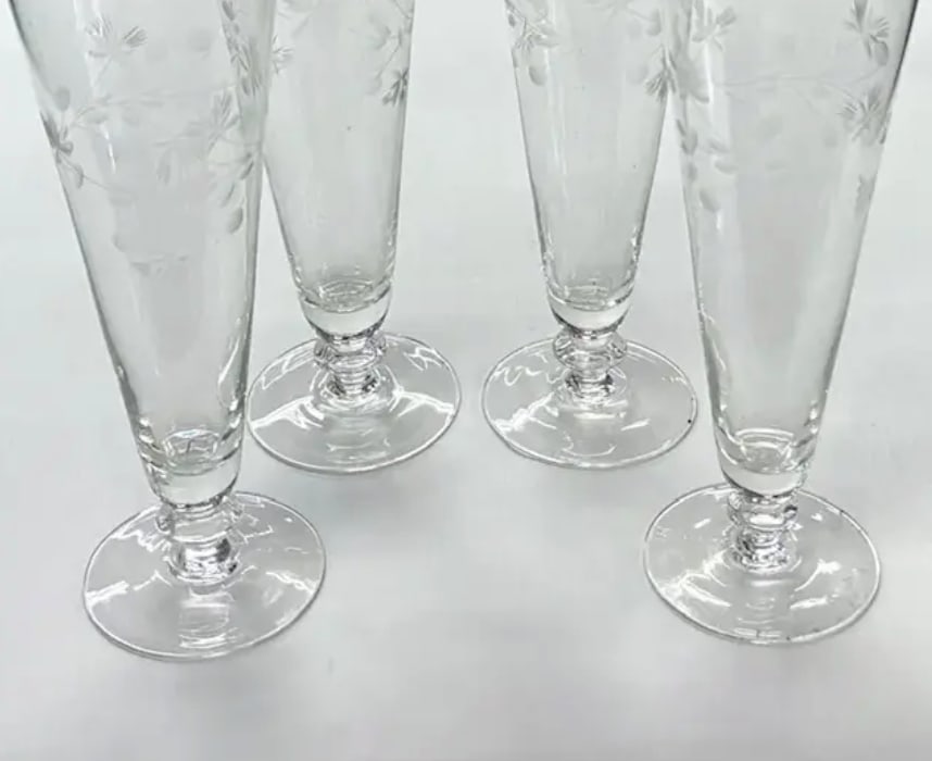 Set of 4 Mid Century Etched Glass Pilsner Beer, Cocktail Glasses - 3