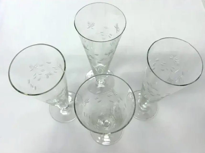 Set of 4 Mid Century Etched Glass Pilsner Beer, Cocktail Glasses - 4