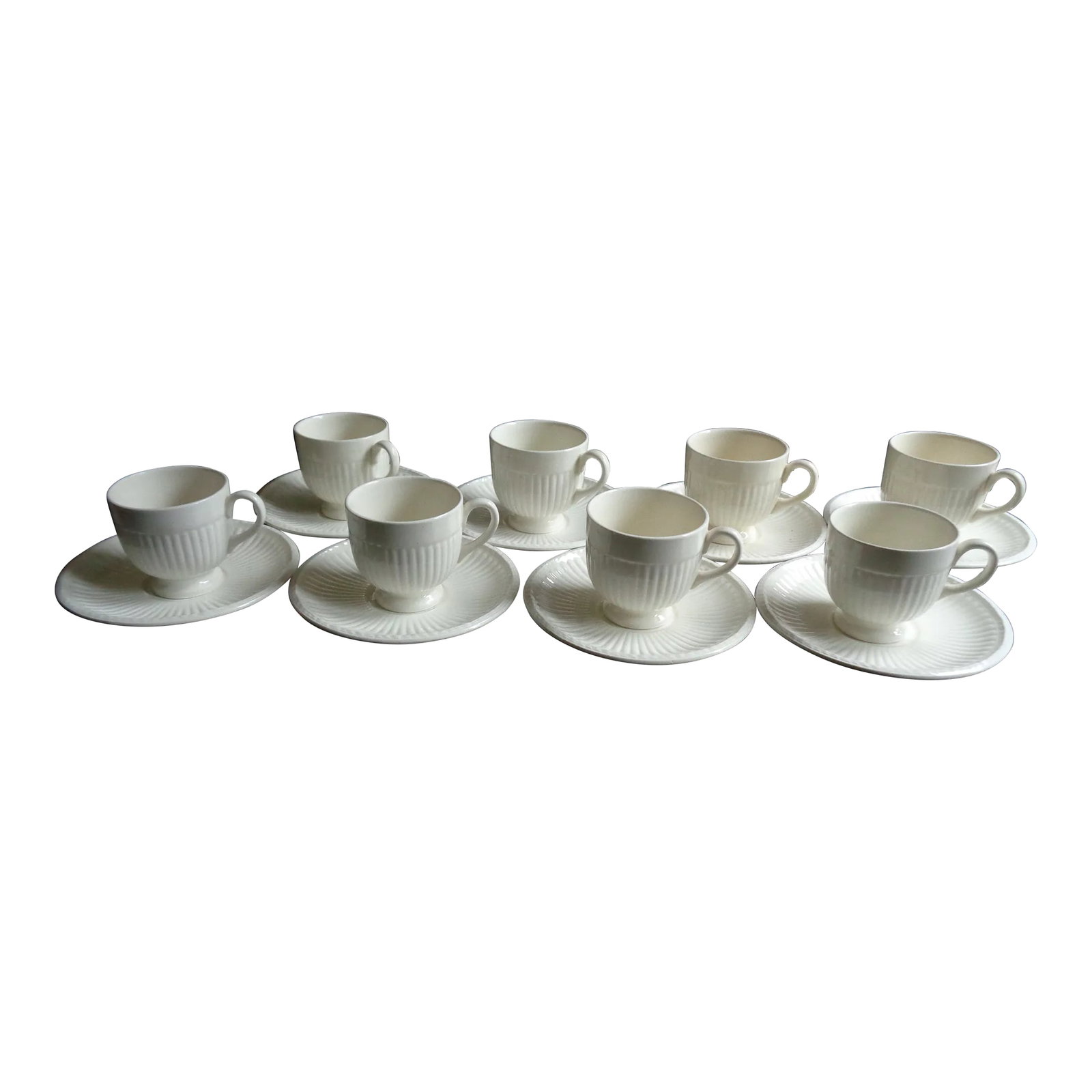 Mid-Century Wedgwood England Etruria Demitasse Coffee Cups & Saucers Set- 16 Pieces: Graceful demitasse coffee cups and saucers by Wedgwood in the Etruria pattern. Made in England, mid-century. Set of 8, for a total of 16 pieces. In excellent condition. Condition: Alterations: