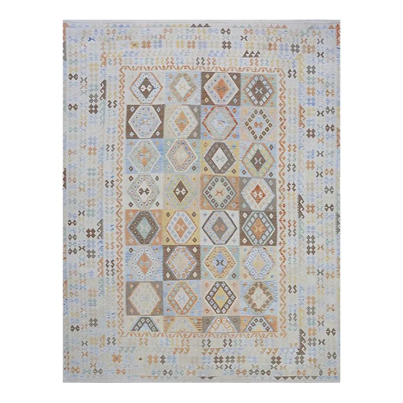Handwoven Turkish Kilim Area Rug 10'1'' X 13'0'': ACTUAL SIZE: 10'1'' x 13'0'' PRIMARY COLOR: Cream / Multi AGE: New (It's Made in the 1990s and never been used) ORIGIN: Turkey MATERIALS: Wool FOUNDATION: Wool PRODUCTION: Handwoven, Flatweave CONDITI