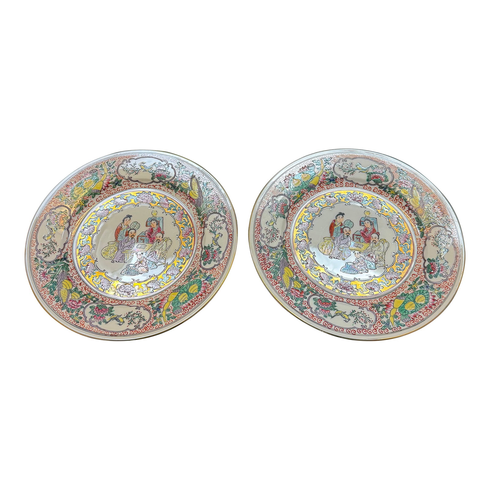 Set of 2 Chinese Famille Rose Porcelain Plates 10" Hand Painted Geisha VTG Gold (1 of 12)