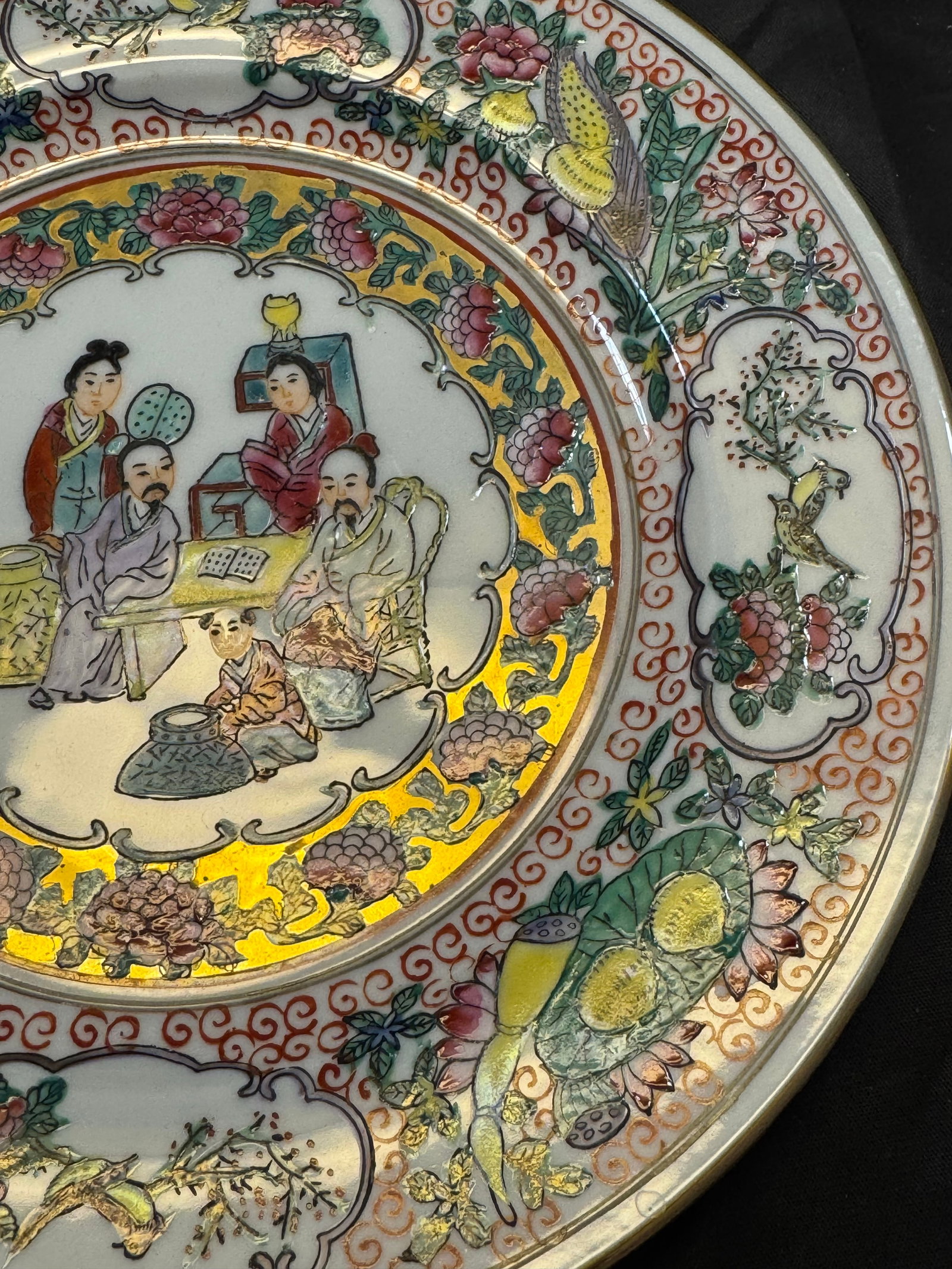 Set of 2 Chinese Famille Rose Porcelain Plates 10" Hand Painted Geisha VTG Gold - 2