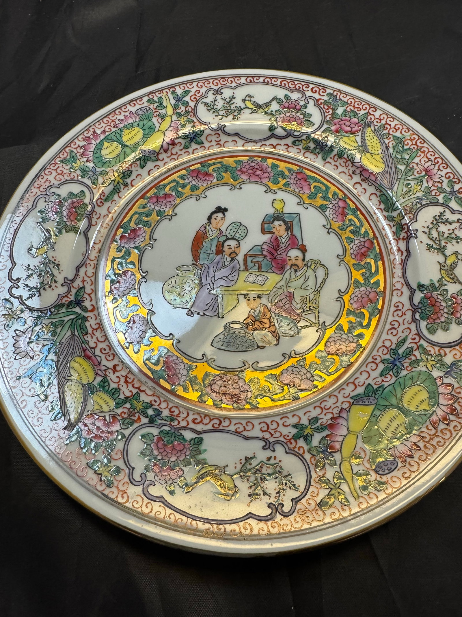 Set of 2 Chinese Famille Rose Porcelain Plates 10" Hand Painted Geisha VTG Gold - 5