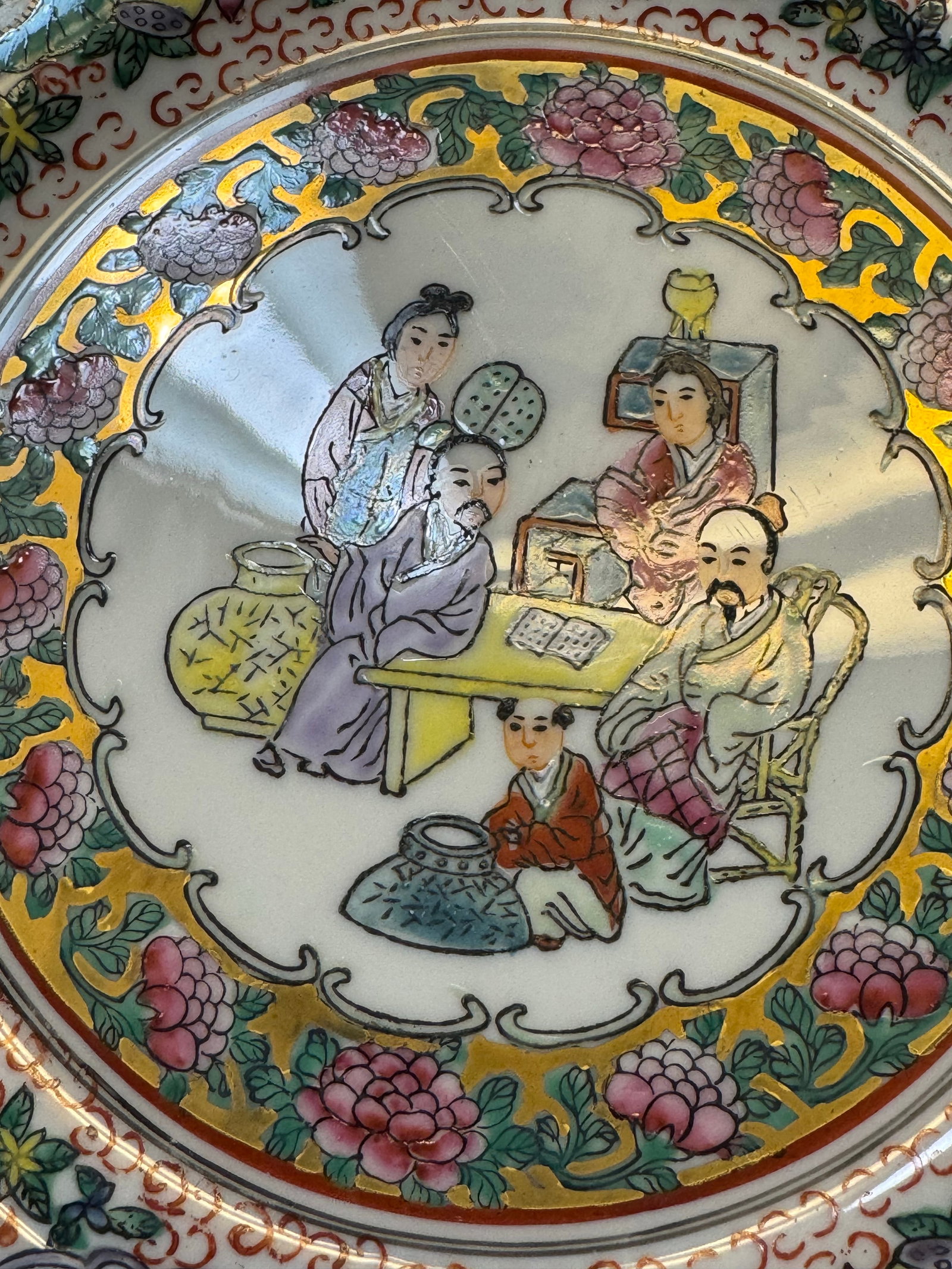 Set of 2 Chinese Famille Rose Porcelain Plates 10" Hand Painted Geisha VTG Gold - 6