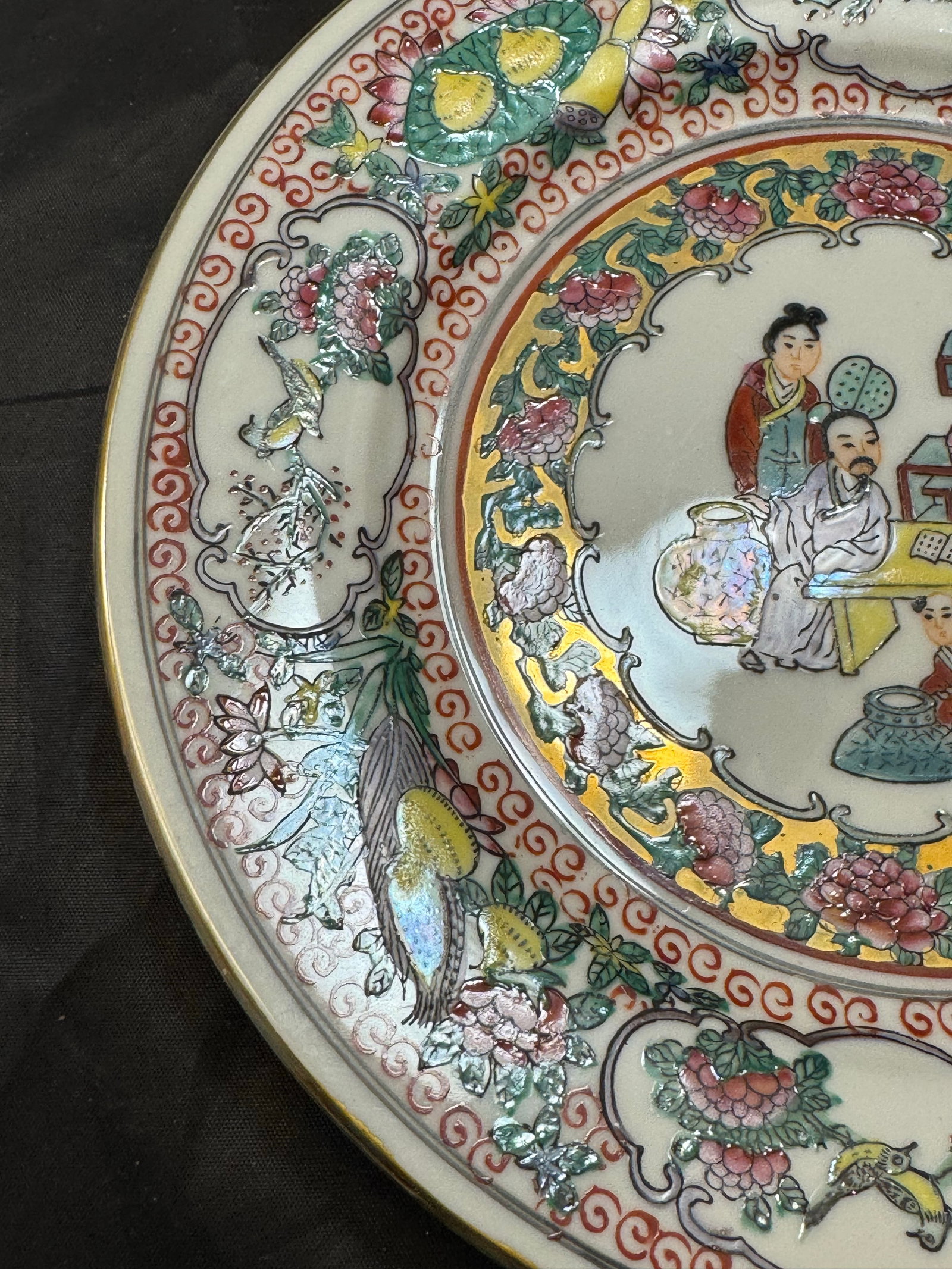 Set of 2 Chinese Famille Rose Porcelain Plates 10" Hand Painted Geisha VTG Gold - 7