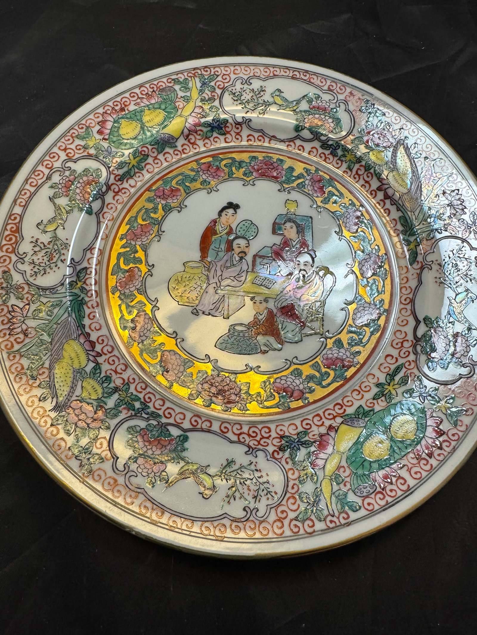 Set of 2 Chinese Famille Rose Porcelain Plates 10" Hand Painted Geisha VTG Gold - 9