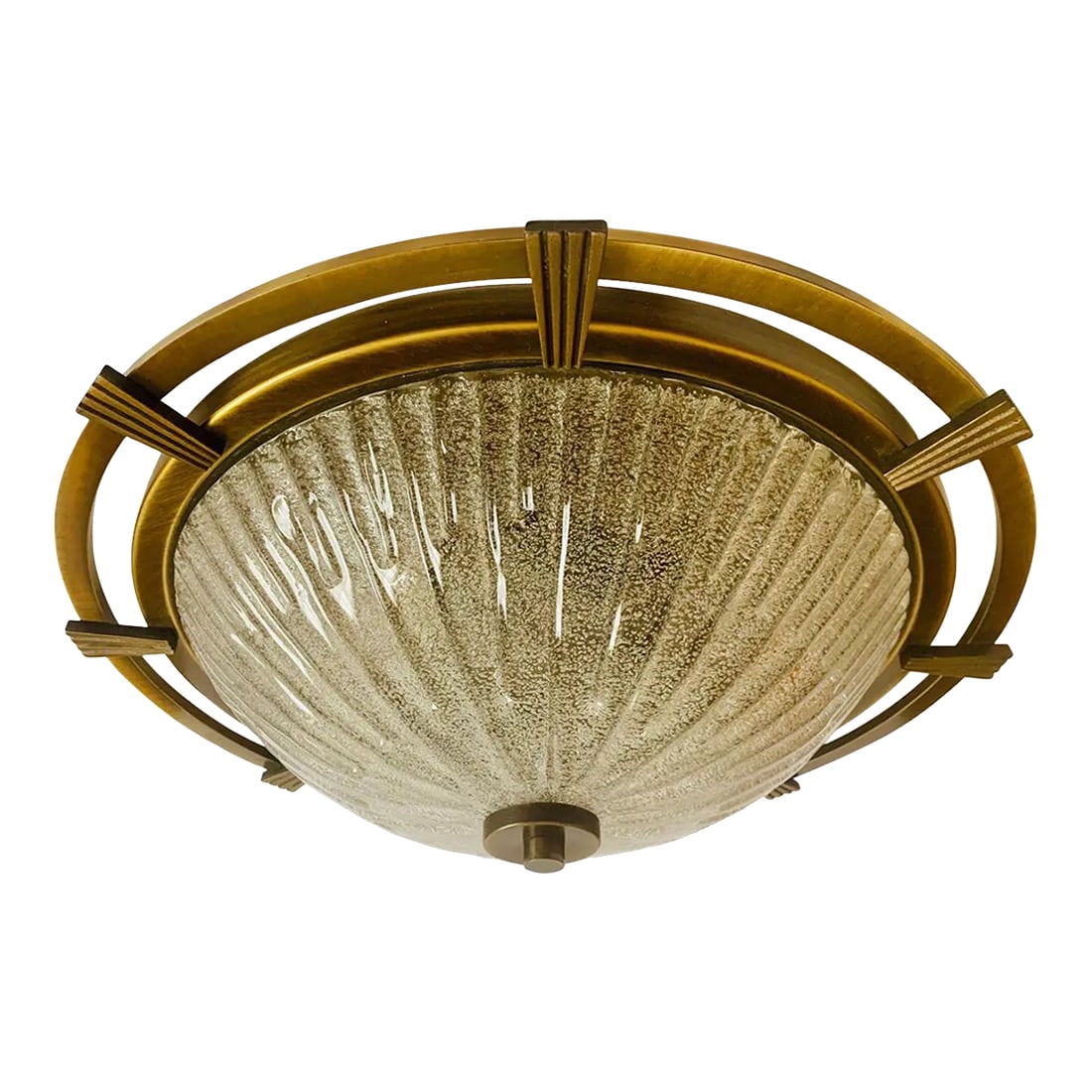 1960s German Nautical Murano Flush Light: An aged brass nautical style German flush light with a hand blown Murano glass shade, 1960s. Rewired. 3-light sources. Condition: Alterations: Restored Imperfections: Some Imperfections Condition