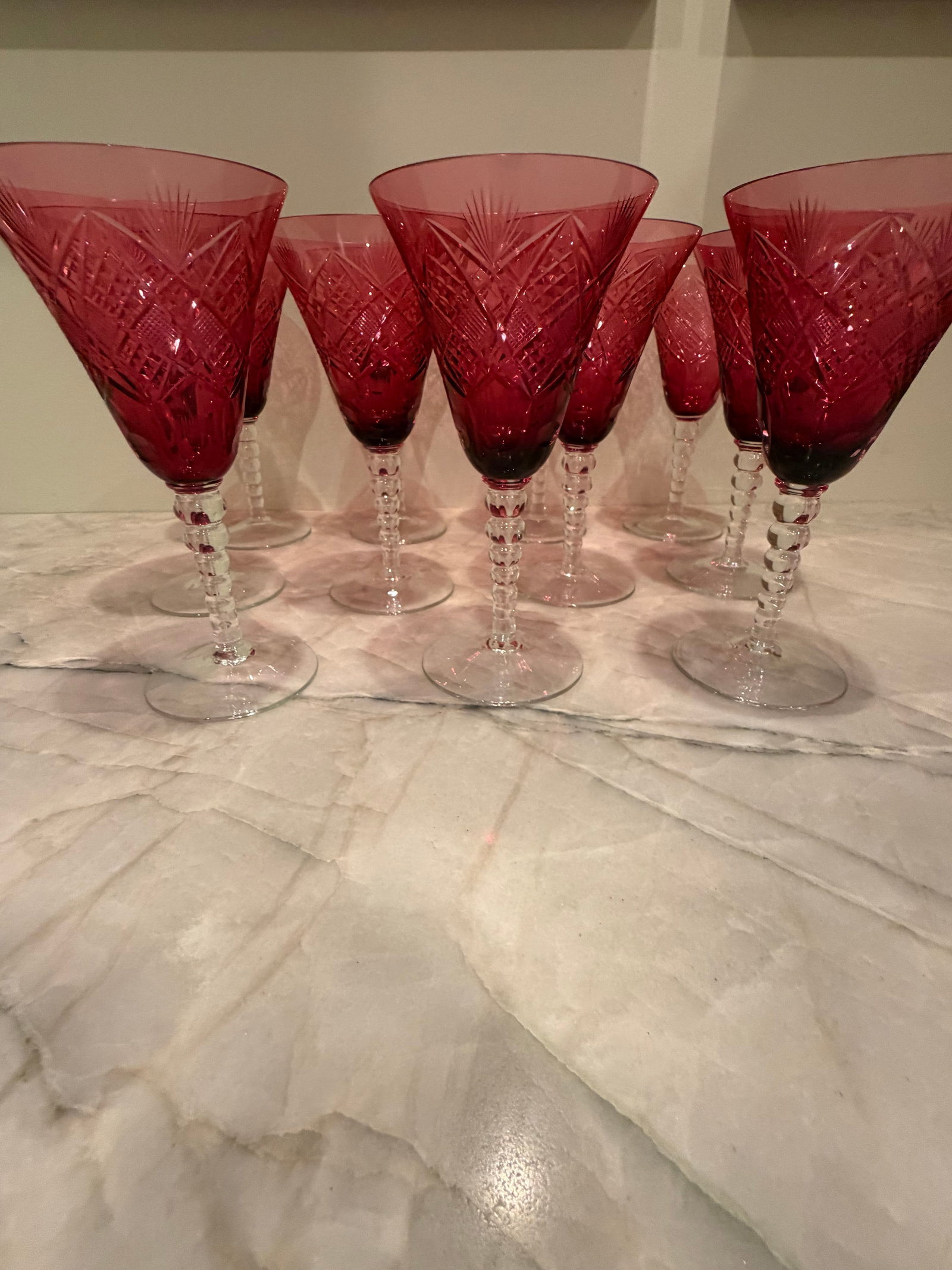 Vintage Ruby Cut-to-Clear Crystal Wine Goblets - Set of 11 - Val Saint Lambert Style - 2