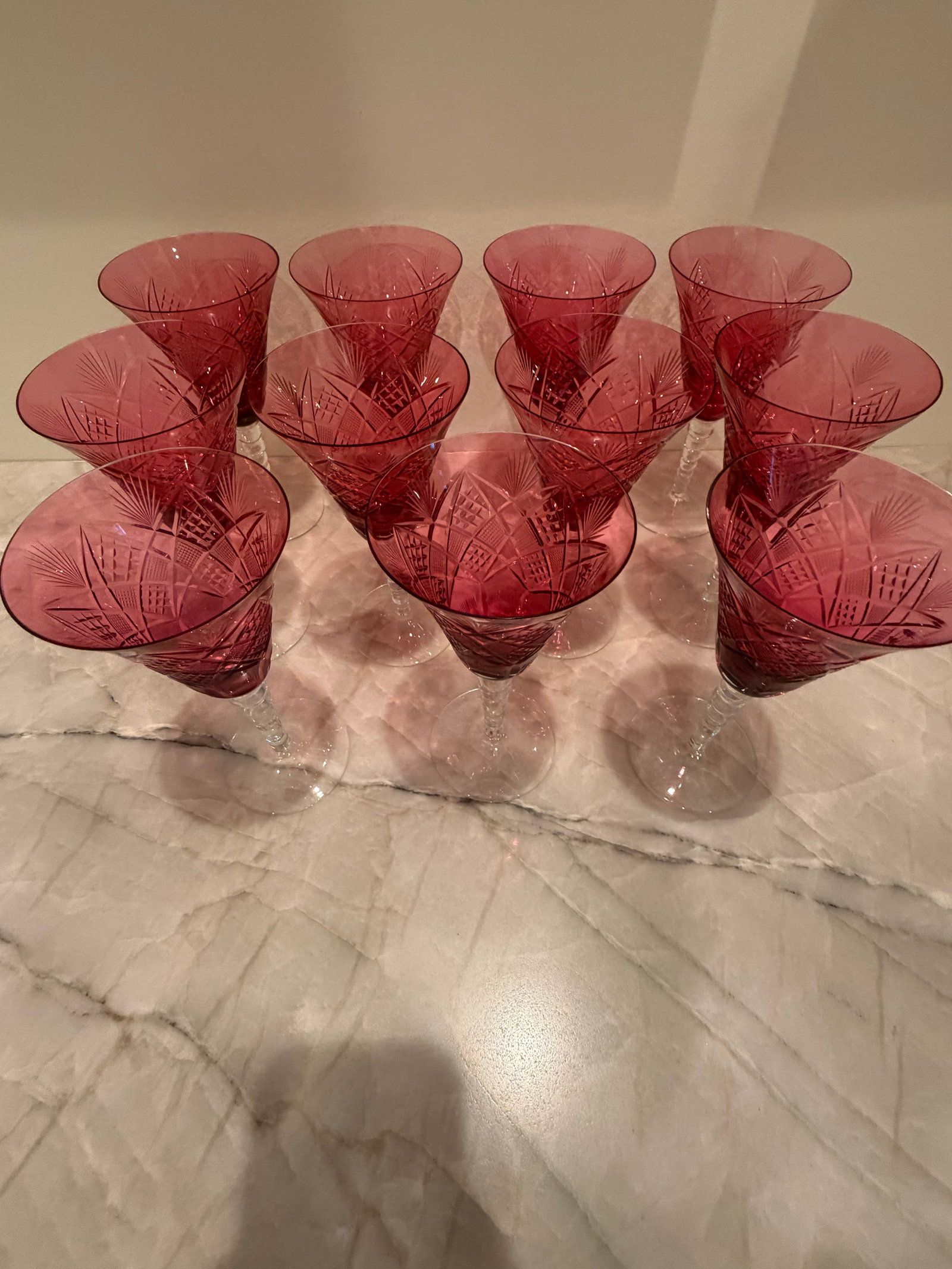 Vintage Ruby Cut-to-Clear Crystal Wine Goblets - Set of 11 - Val Saint Lambert Style - 3