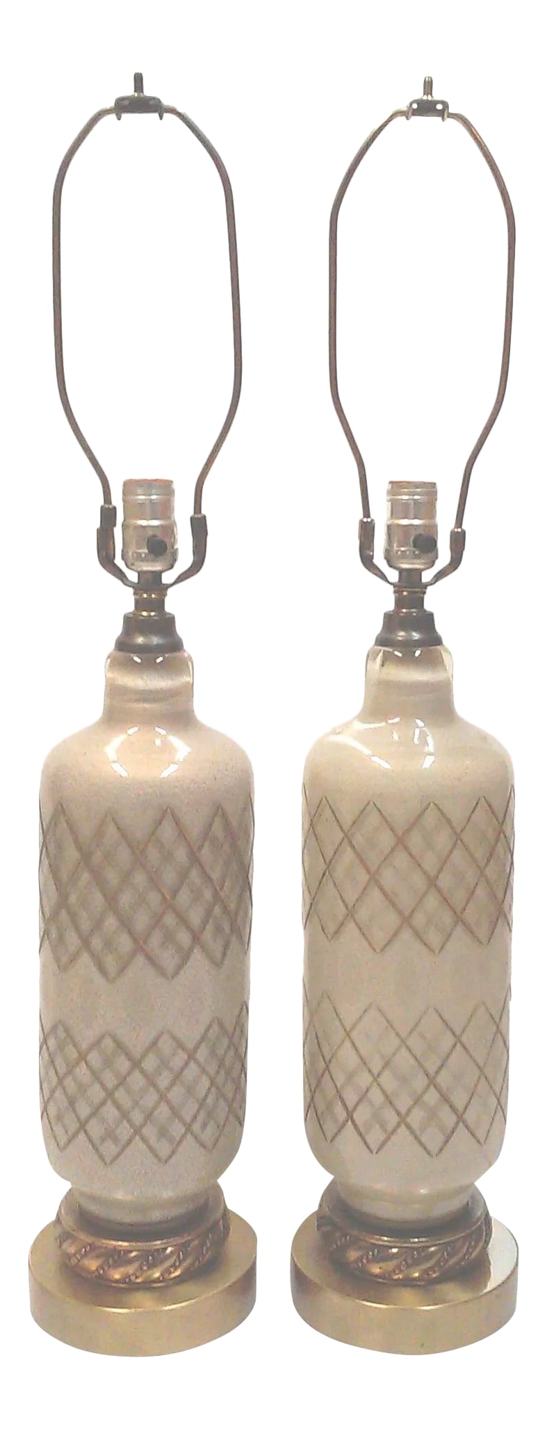 1950's Gold Murano Lamps Cut Glass Table Lamps Hollywood Regency a Pair: A pair of superb gold Murano cut glass table lamps with gold flecks throughout the opaque glass, These elegant lamps have a geometric cut glass design accented with applied gold to accent the design