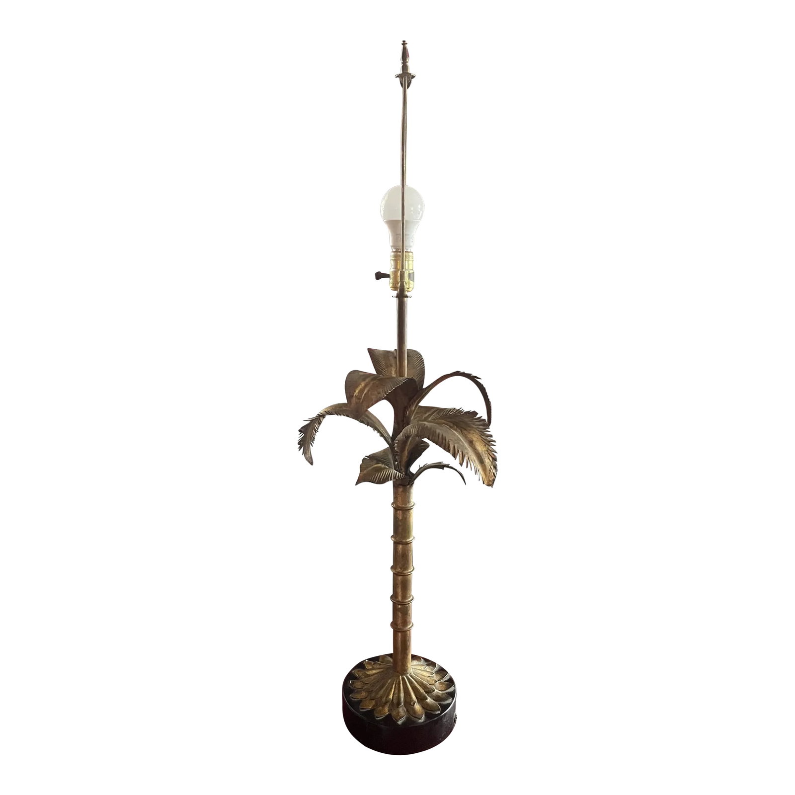 1970s Faux Bamboo Gilt Metal Palm Tree Lamp Manner of Bagues and Maison Jansen: 1970s French table lamp with a black round vase in the form of gilt metal palm tree in the manner of Maison Jansen or Bagues. Condition: Alterations: Original Condition Unaltered Imperfections: Some I