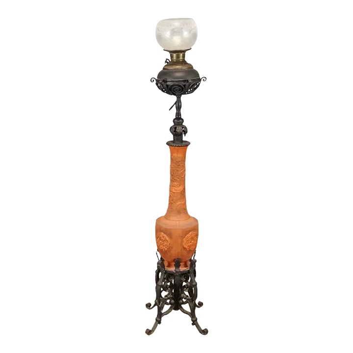 19th Century Dragon Motif Tokoname Meiji Era Electrified Japanese Oil Floor Lamp in Terracotta Red W (1 of 11)