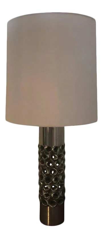 W. Luyckx Auclair Belgian Table Lamp, 1970s: A wonderful Belgian sculptural 1970s chrome table lamp designed by W. Luyckx for Aluclair. Newly Rewired with a silver cloth cord and matching socket. A modern hand tucked silk shade included.