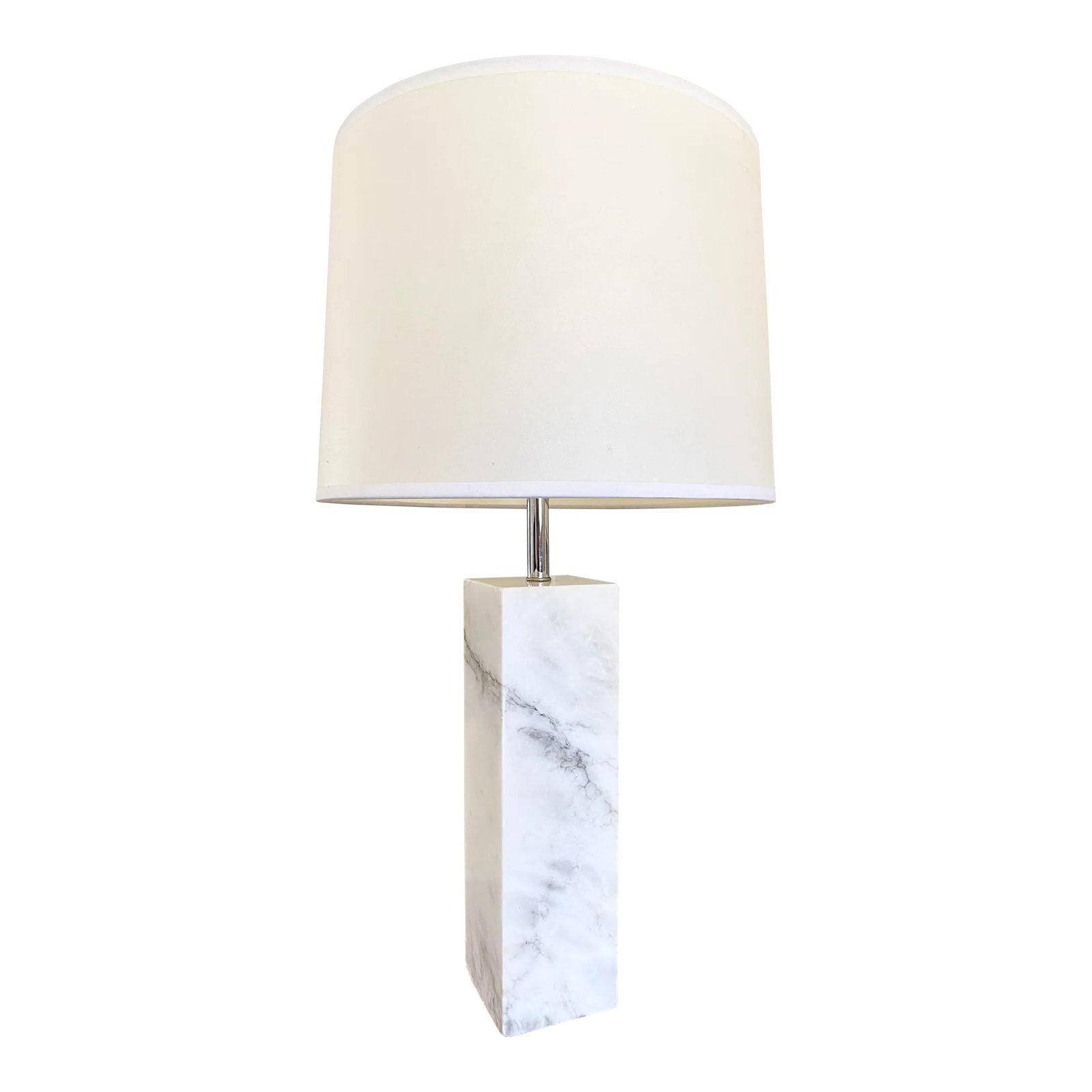 Minimalist White Marble Plinth Table Lamp Knoll-Style (After Nessen): A clean, Minimalist, uber-heavy, solid marble plinth table lamp of Italian 1960s production. We love a carved stone lamp, especially when it's a stoic architectural form and easy to use anywhere, betw