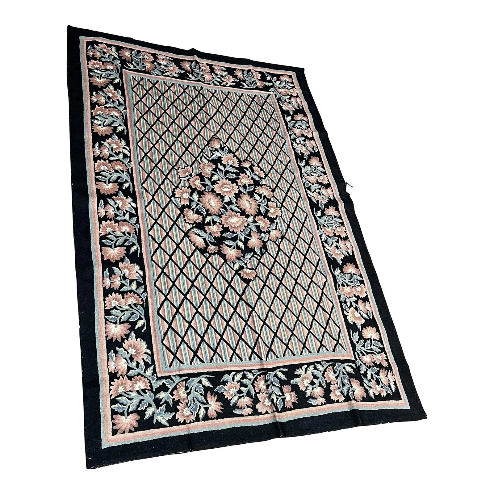 Handwoven Chainstitch Style Rug 5'6" X 8'6": ACTUAL SIZE: 5'6" X 8'6" PRIMARY COLOR: Black, Multi AGE: New ORIGIN: China MATERIALS: Wool FOUNDATION: Cotton PRODUCTION: Handwoven, Knotted Flatweave CONDITION: Excellent Condition: Imperfections