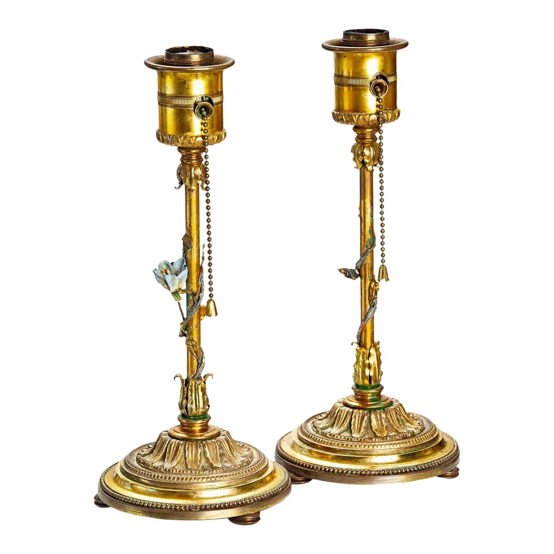 1940s Gold Lamps with Ceramic Flower Pair: Precious bedside or vanity lamps with pull-chain & standard sized sockets. Vine with tiny leaves & a bud wrap around the brass stem. Very heavy ornate footed bases. Condition: Alterations: Restored