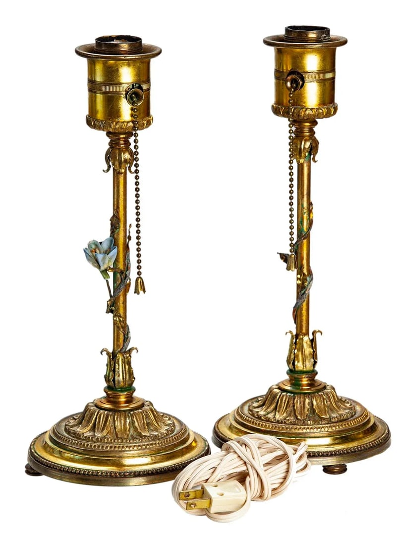 1940s Gold Lamps with Ceramic Flower Pair - 2