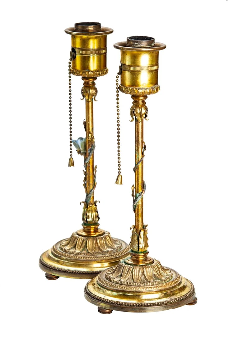 1940s Gold Lamps with Ceramic Flower Pair - 3