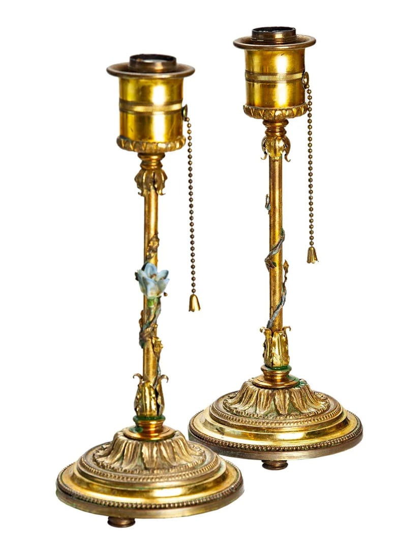 1940s Gold Lamps with Ceramic Flower Pair - 4