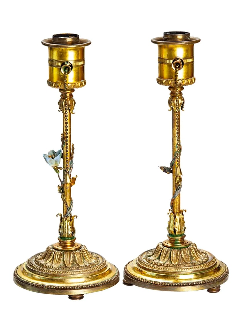 1940s Gold Lamps with Ceramic Flower Pair - 5