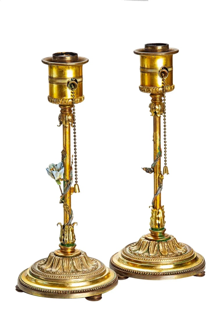 1940s Gold Lamps with Ceramic Flower Pair - 9
