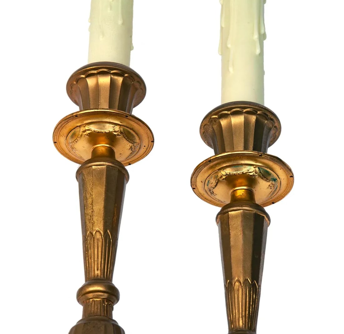 1940s Gilt Metal Candlestick Lamps, a Pair - 4