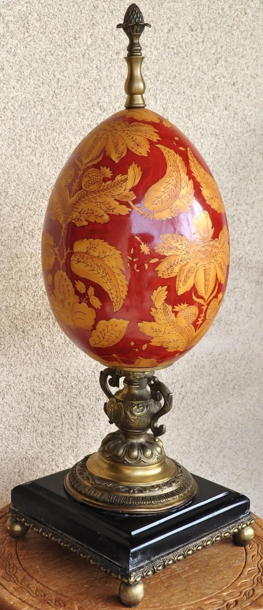 Vintage Hand-Painted Porcelain Egg Sculpture Centerpiece on Brass and Marble Stand - 10