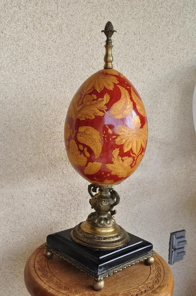Vintage Hand-Painted Porcelain Egg Sculpture Centerpiece on Brass and Marble Stand - 8
