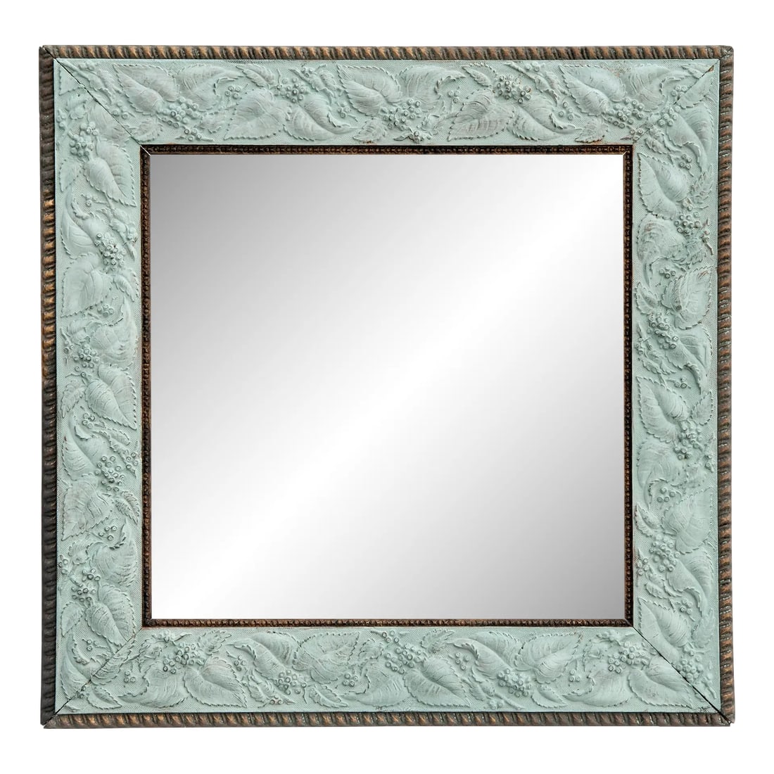 Victorian Aesthetic Movement Hardwood Hand Painted Green Beveled Mirror Frame: Beautiful details featuring intricate designs of vines, bell flowers, leaves and beading. "The Aesthetic Movement, embraced a new simplicity of style." Also known as "art for art's sake," permeated