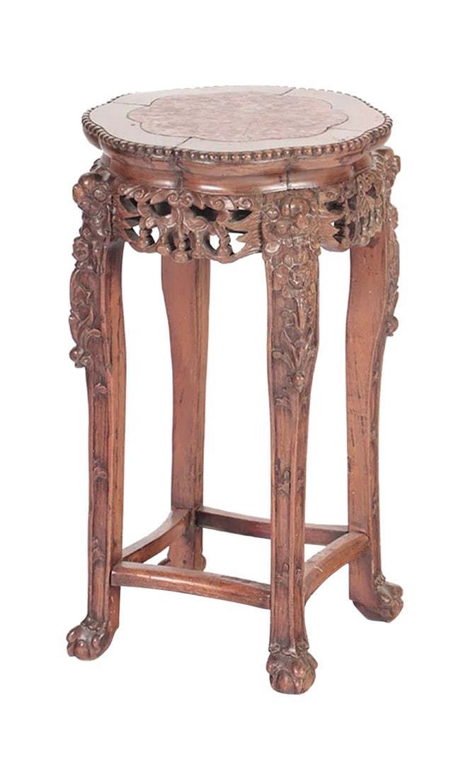 Carved Antique Hardwood and Marble Pedestal Stand 19th Century: A very well executed plant stand or occasional cocktail or side table. Pink marble and well carved hardwood Condition: Alterations: Original Condition Unaltered Imperfections: Some Imperfections