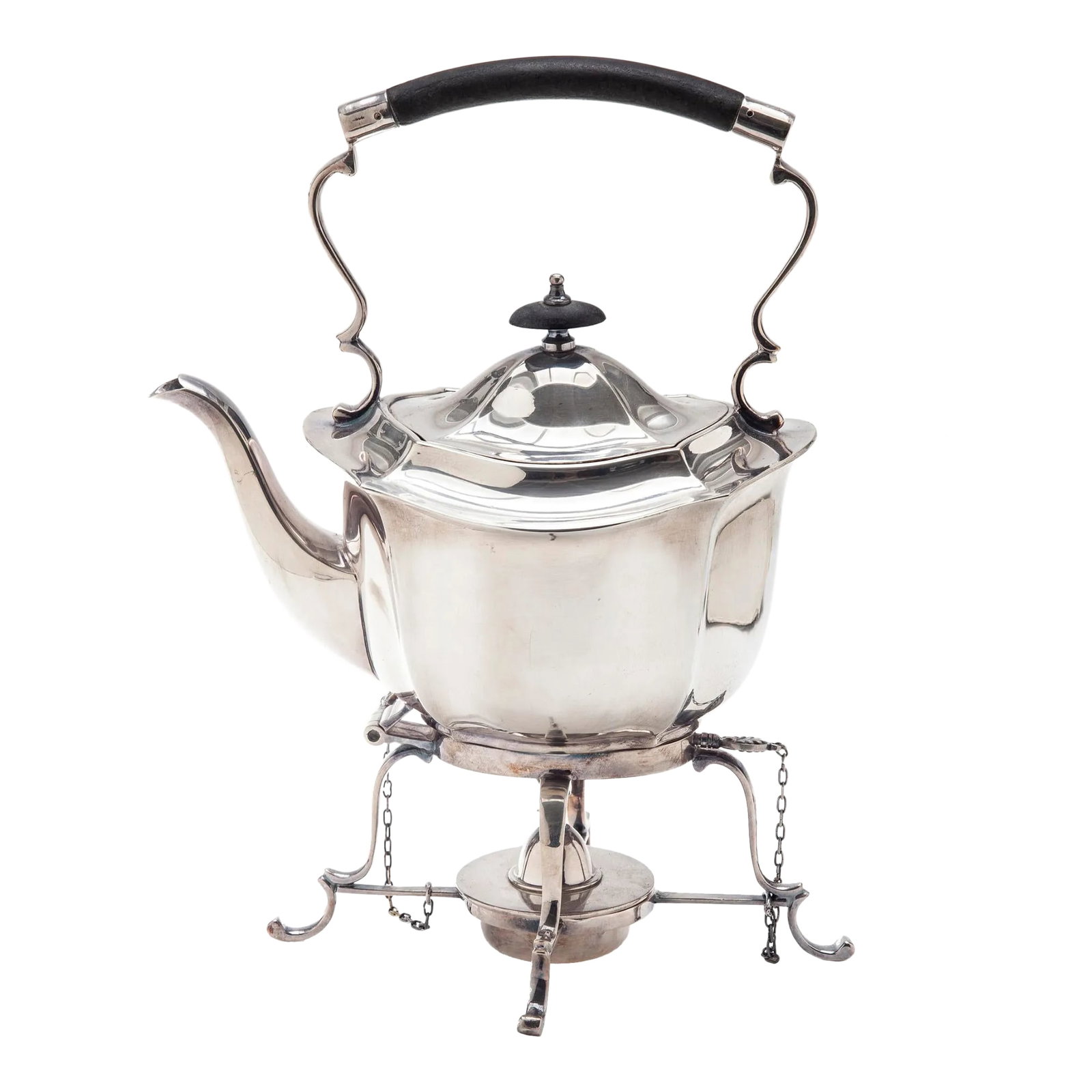 Early 20th Century Silverplate Sheffield English Tea Pot & Warmer: An exceptional example of an antique Sheffield English silver plate teapot on a warming stand in pristine condition. This elegant teapot is simple & unembellished. It is fitted with a flush hinged top
