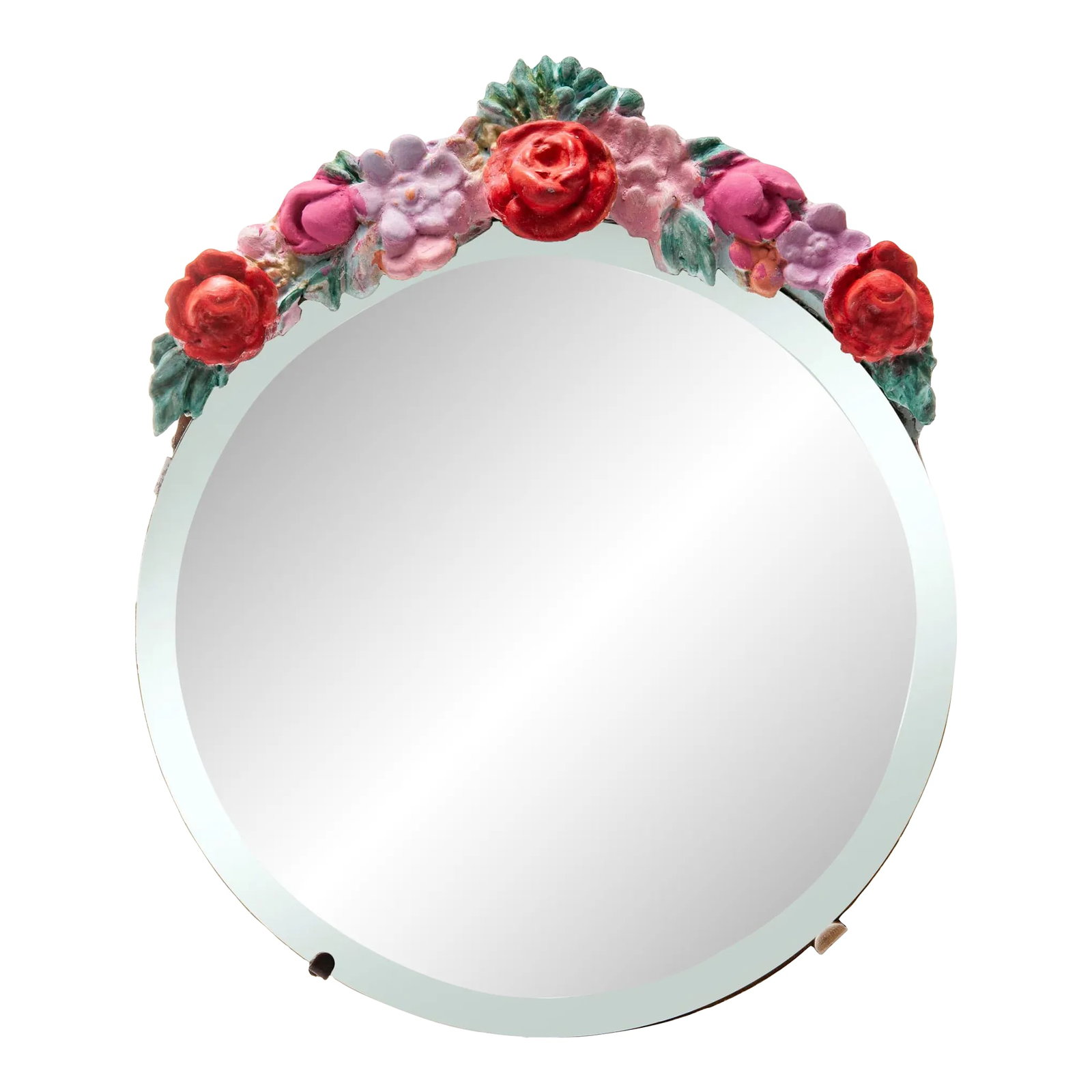 Vintage Italian Round Barbola Easel Mirror With Floral Crest: Richly painted Barbola frame with Round beveled mirror and heavy oak easel. The original flowers have been repainted in happy reds and pinks! 8''W * 6''D * 9.5''H Condition: Alterations: Restored