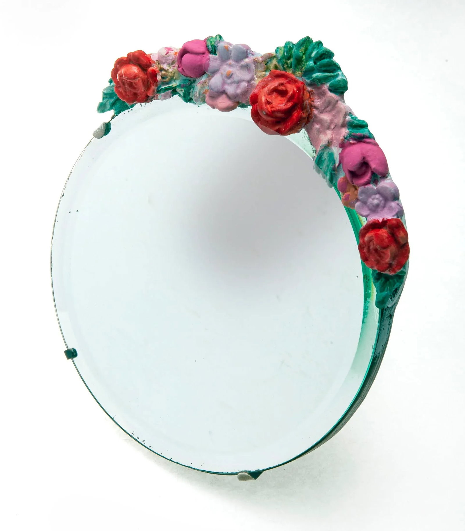 Vintage Italian Round Barbola Easel Mirror With Floral Crest - 2