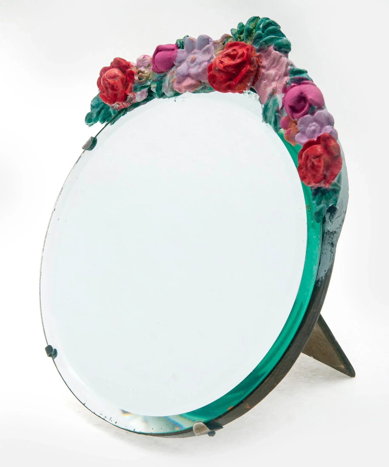 Vintage Italian Round Barbola Easel Mirror With Floral Crest - 3