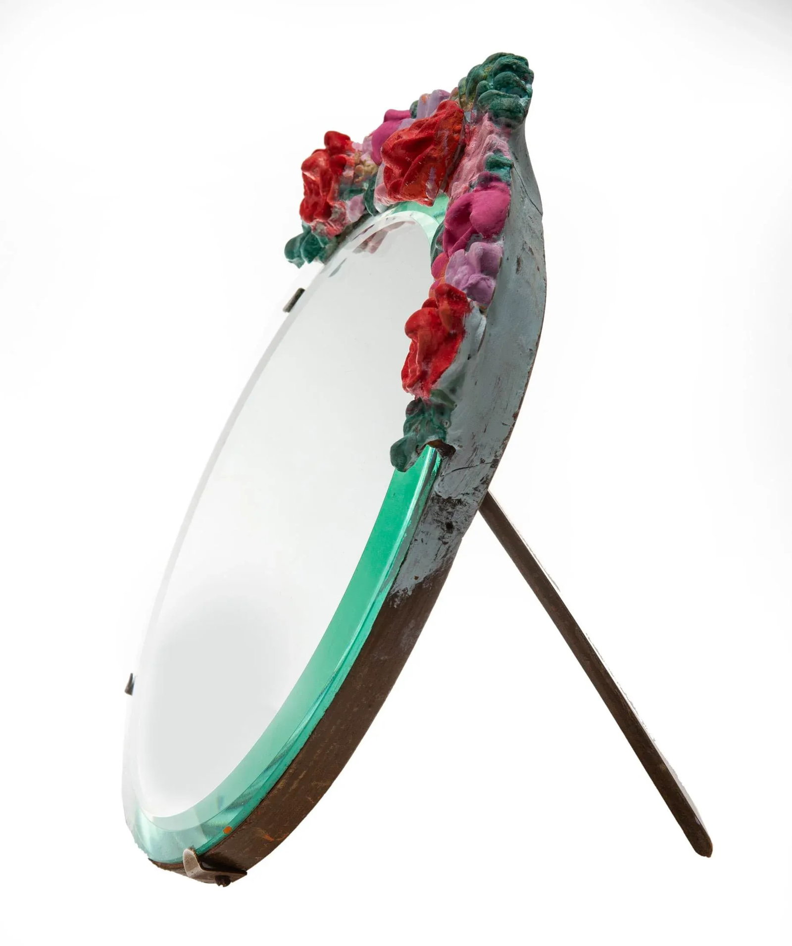 Vintage Italian Round Barbola Easel Mirror With Floral Crest - 4